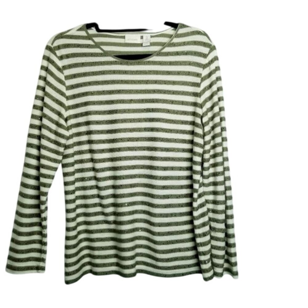 Chicos Womens Striped Long Sleeve Top Size 3 (L) Green & White‎ Sequin Accents